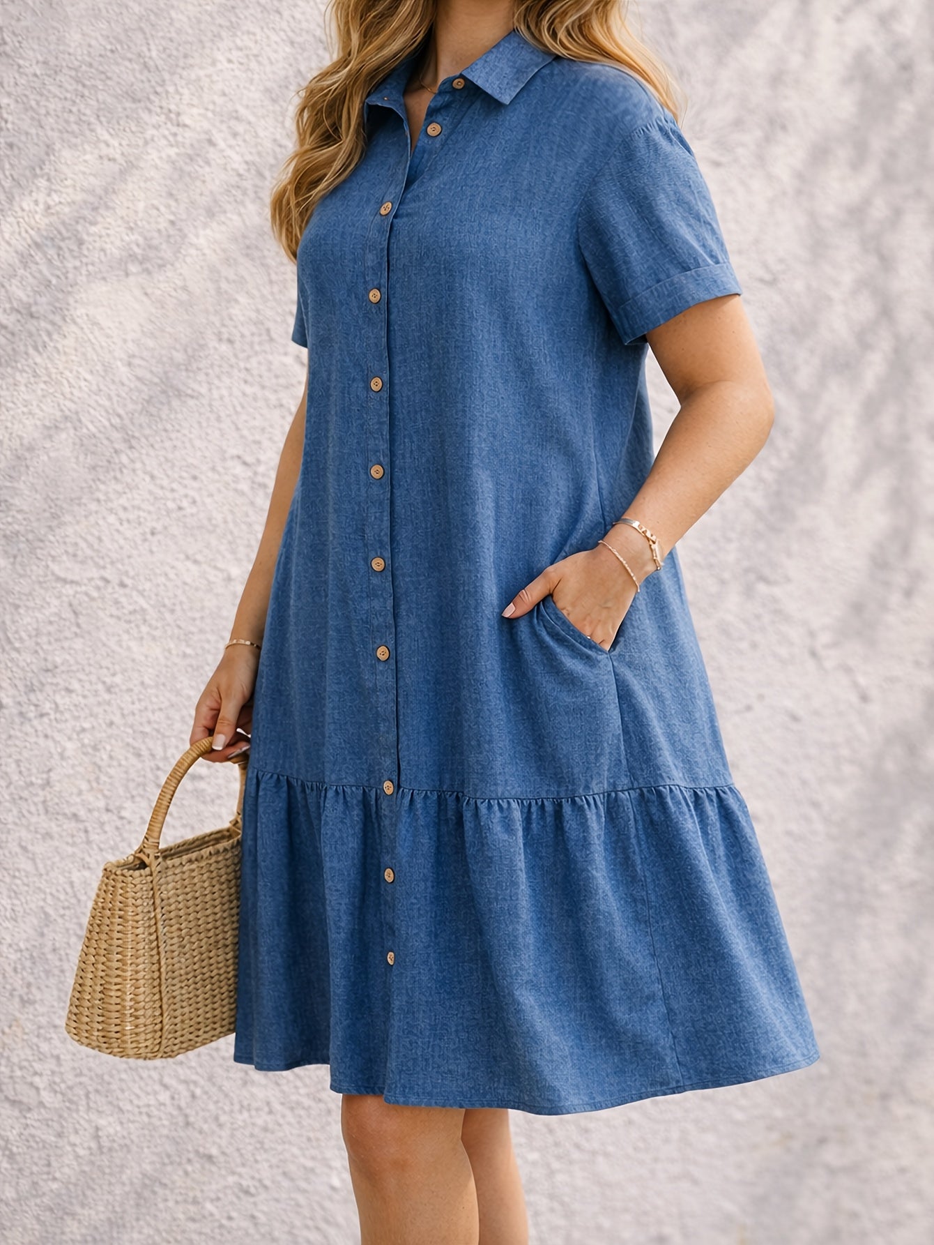 Effortless Blue Denim Shirt Dress for Women with Collar Short Sleeve Tiered Style