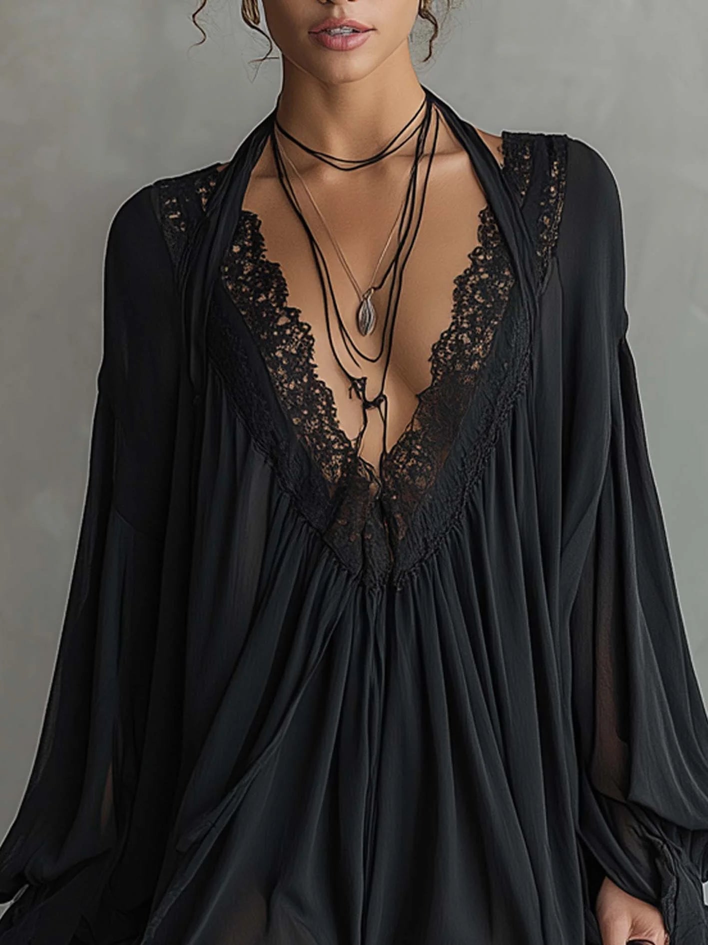 Elegant Black Dress for Women with Lace V-Neck Halter Tie Balloon Hem Long Sleeve Chiffon Mini Style