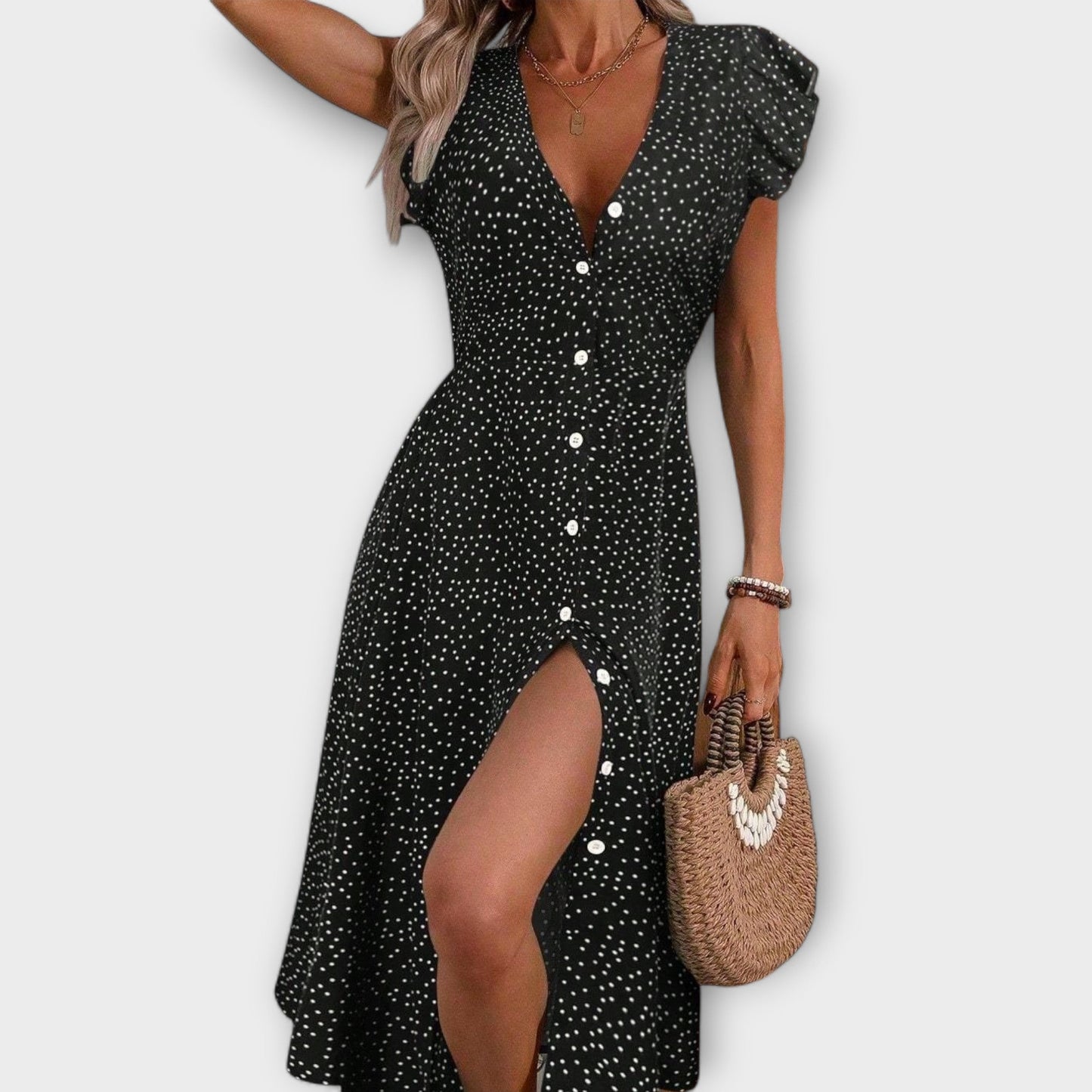 Effortless Polka Dot Midi Dress for Women with Deep V Neck Button Down Flutter Sleeve Casual Style