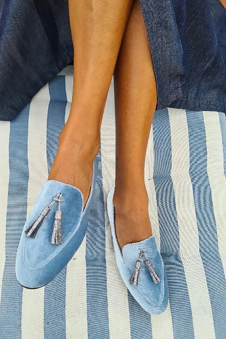 Stylish Blue Loafers for Women with Tassel Style