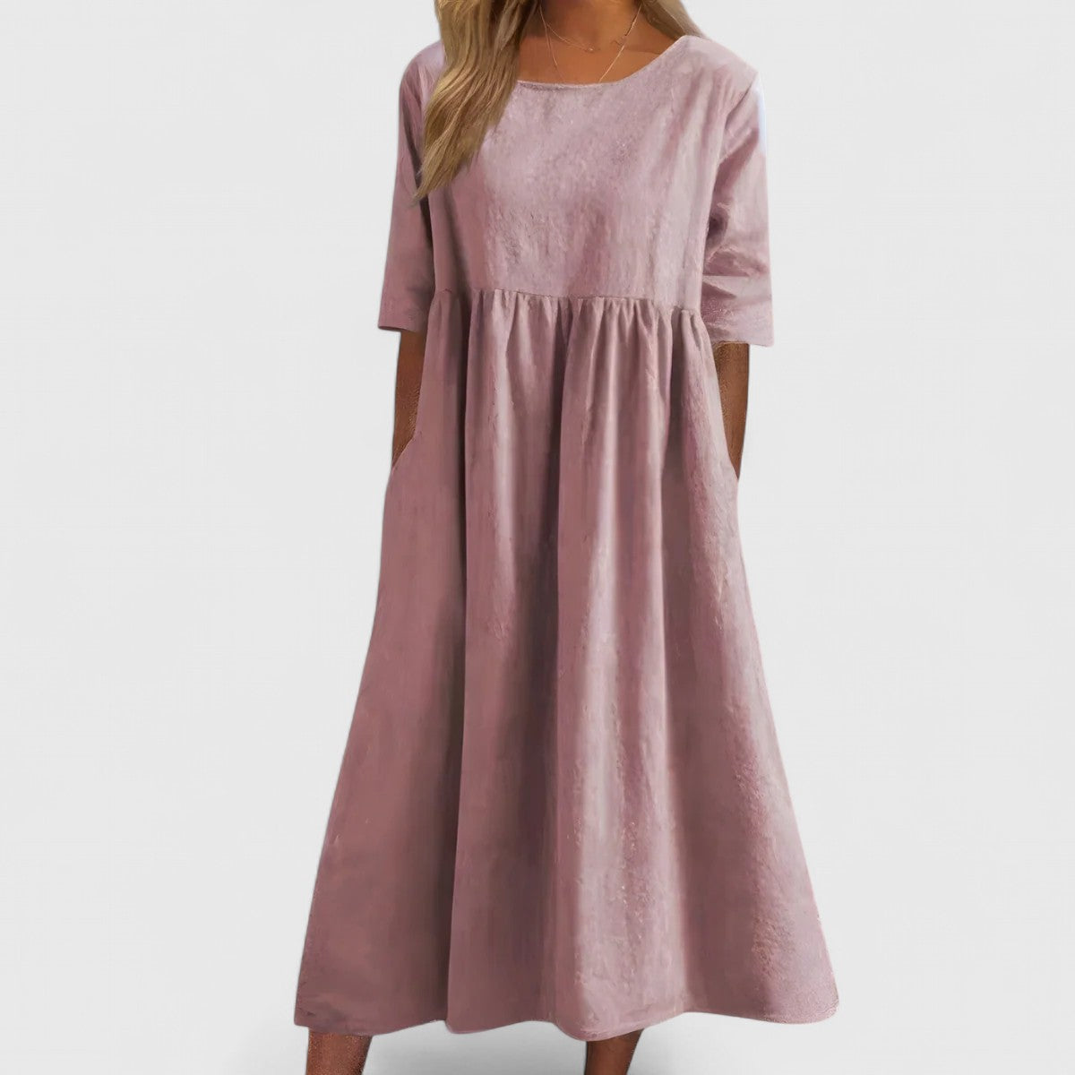 Effortless Linen Maxi Dresses for Women with Round Neck 3/4 Sleeve Empire Waist Casual Long Dress Style