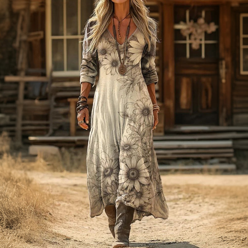 Stylish Flowy Floral Dress for Women with Long Sleeve Vintage