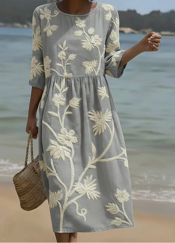 Stylish Gray Floral Midi Dress for Women with Retro Casual Style