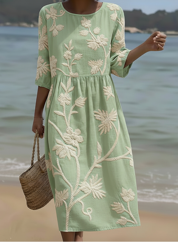 Stylish Green Floral Midi Dress for Women with Round Neck