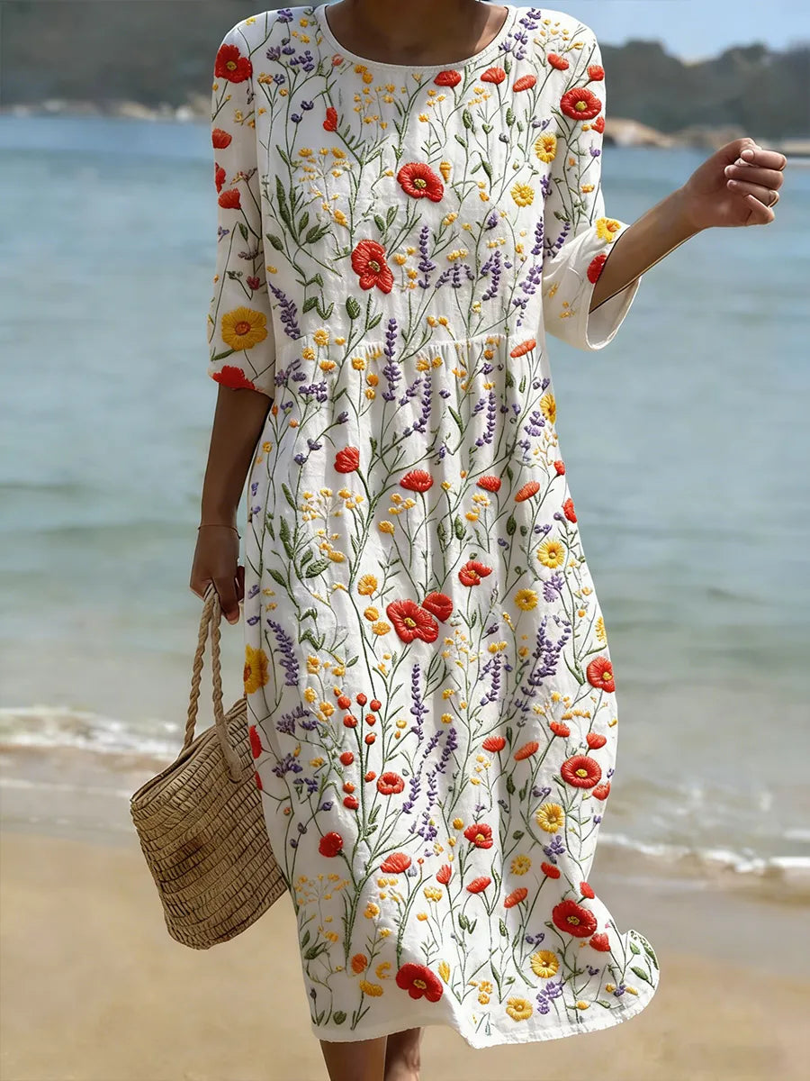 Stylish White Floral Maxi Dress for Women with Round Neck