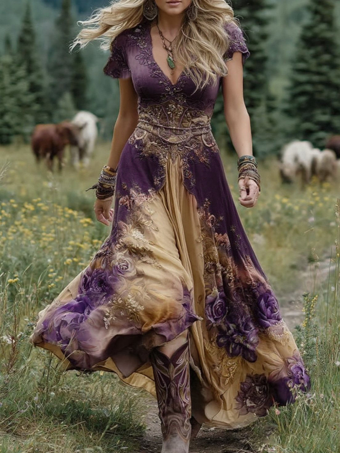 Effortless Floral Maxi Dress for Women with V Neck