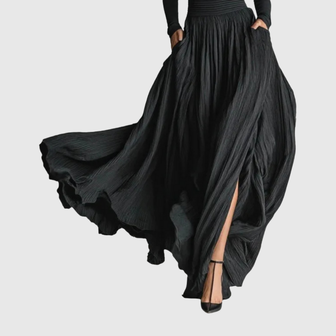 Elegant Black Maxi Skirt for Women with High Waist Pleated Flowing Slit Pocket Casual Style