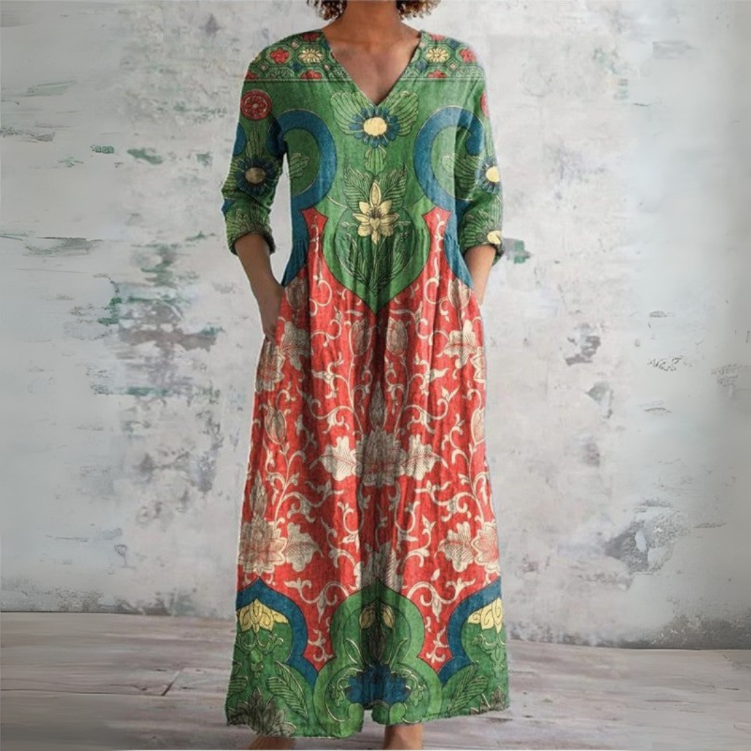 Effortless Floral Maxi Dress for Women with V Neck Vintage