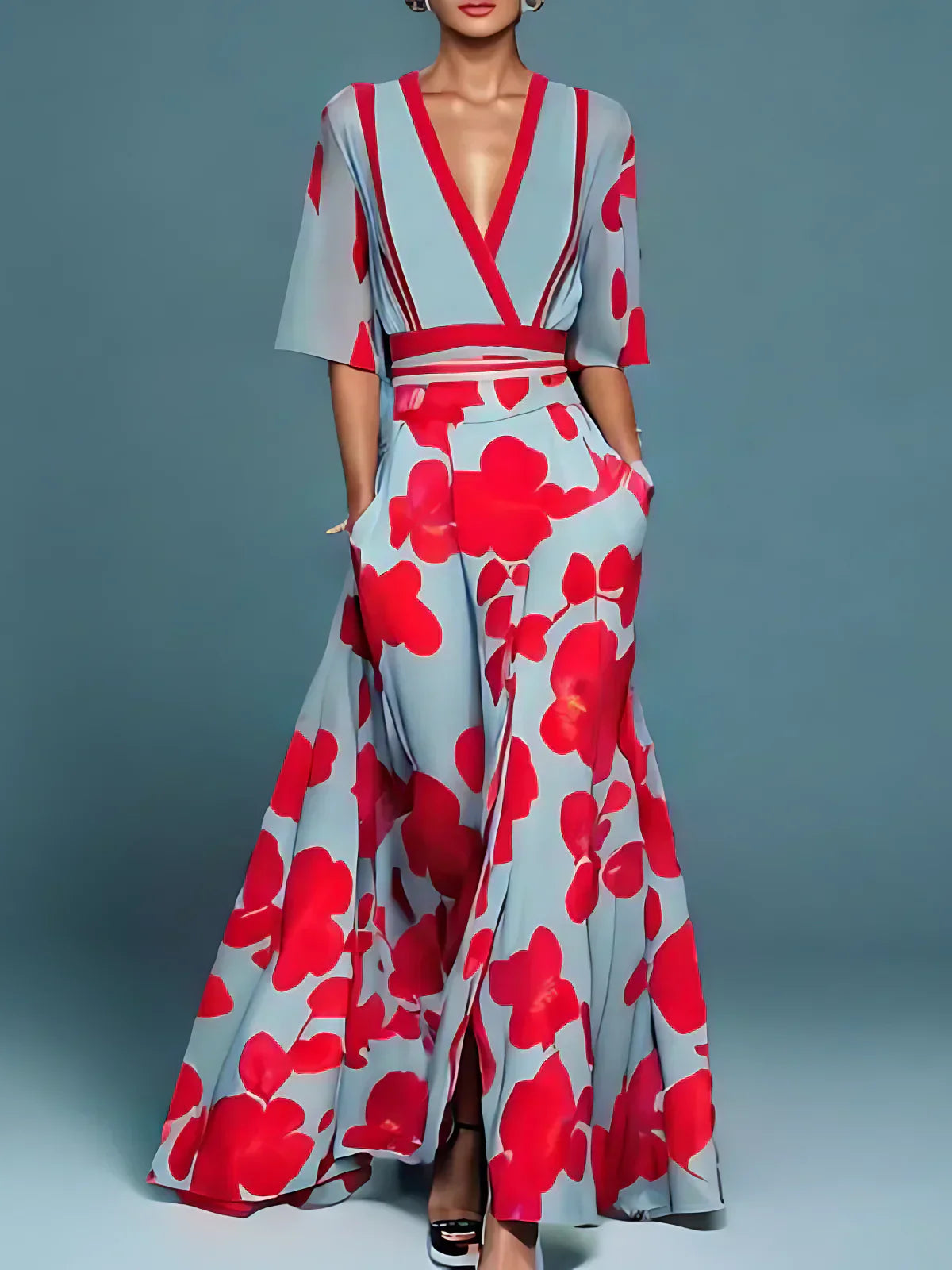 Stylish Red Floral Mini Dress for Women with V Neck