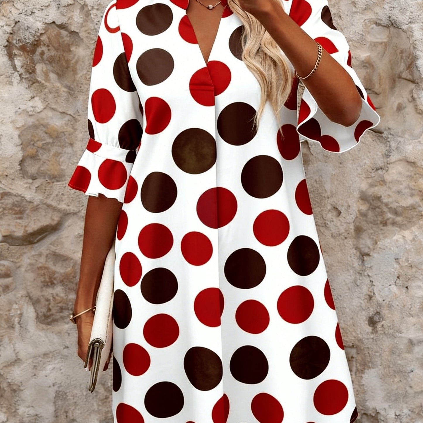 Effortless Polka Dot Mini Dress for Women with V Neck Flared Sleeve