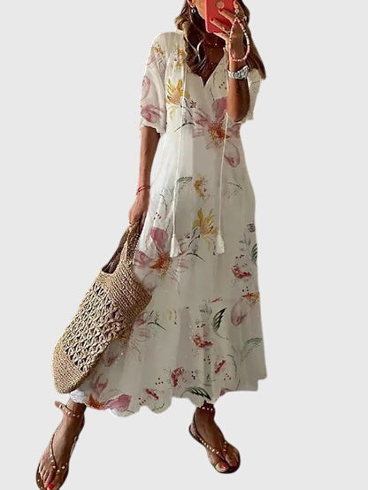 Effortless Ikat Print Maxi Dress for Women with V-Neck Tassel Tie Short Sleeve Casual Style