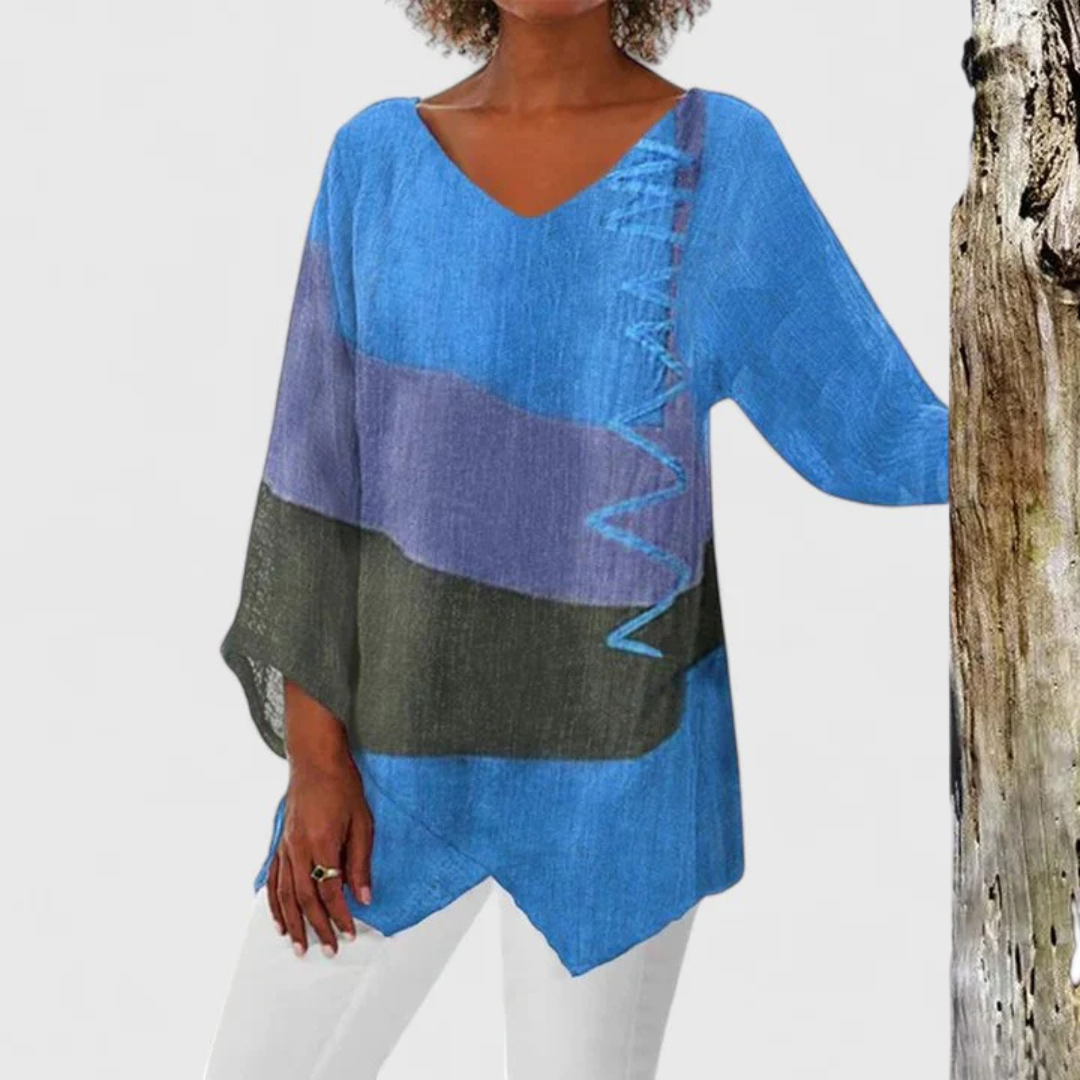 Stylish Color Block Tunic for Women with V-Neck Elbow Sleeve Asymmetric Hem Relaxed Casual Style