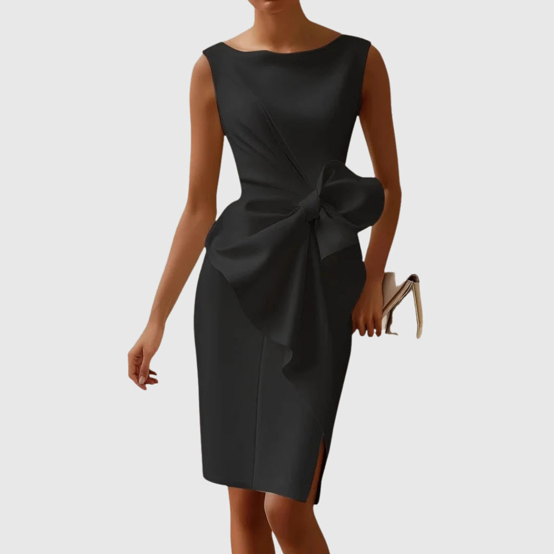 Elegant Bow Detail Midi Dress for Women with Boat Neck Sleeveless Fitted Bodycon Semi Formal Style