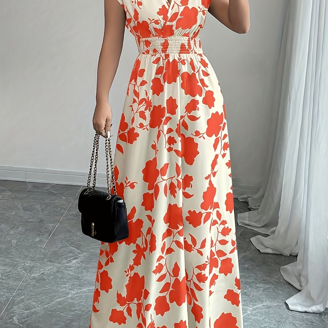 Elegant Floral Maxi Dress for Women with V Neck
