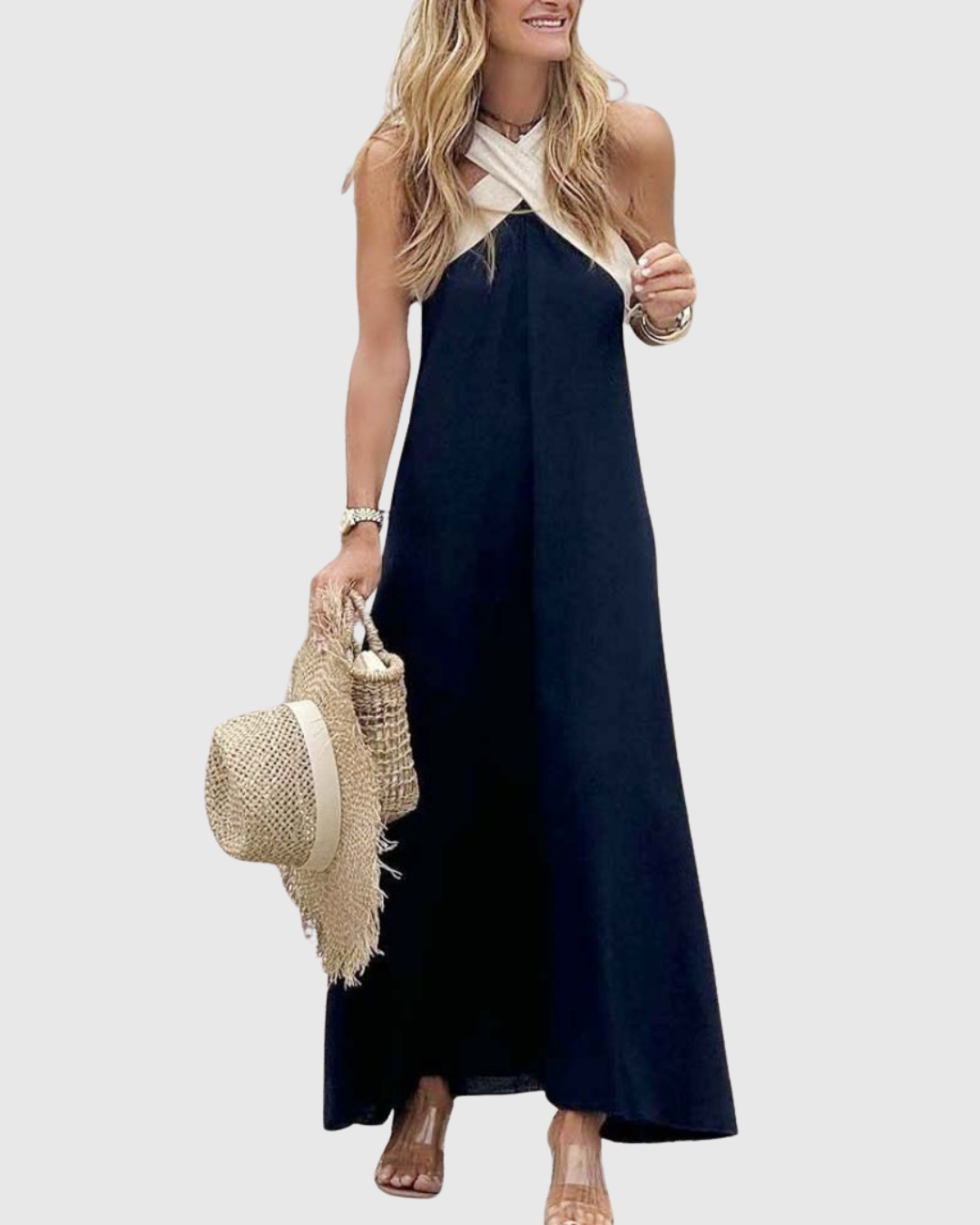 Effortless Colorblock Maxi Dress for Women with Halter Crossover Neck Sleeveless Casual Style
