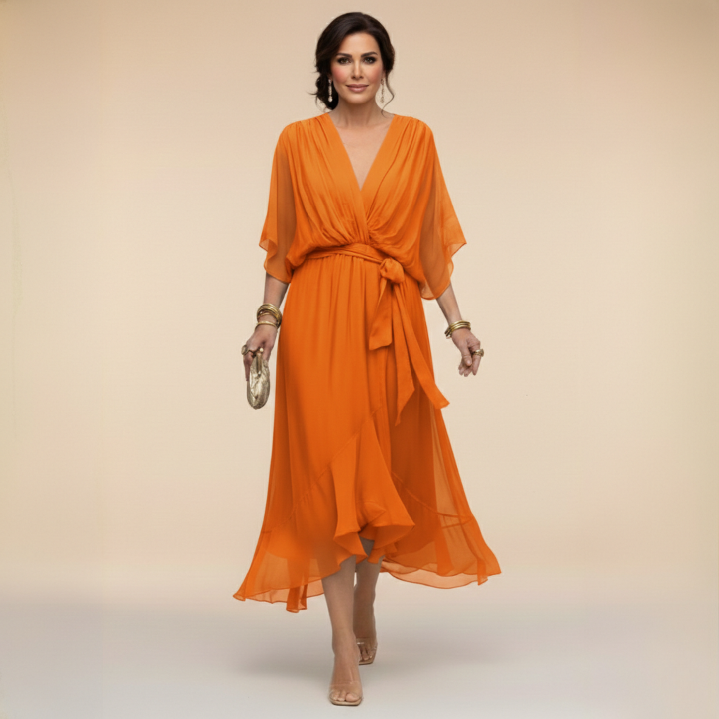 Stylish Chiffon Mini Dress for Women with V Neck