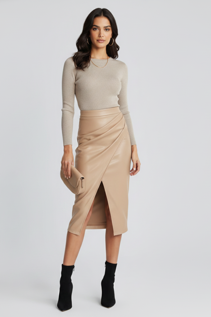 Elegant Faux Leather Midi Skirt for Women with High Waist Wrap Front Split Business Casual Style