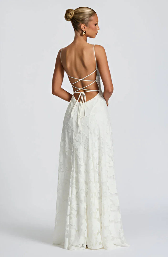 Elegant Formal Wedding Guest Dress for Women with Spaghetti Strap Floral Textured A-Line Maxi Style