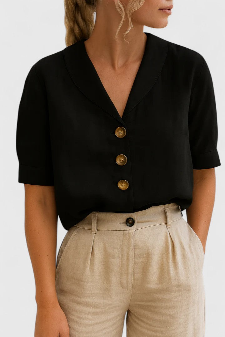 Effortless Linen Blouse for Women with Shawl Collar Short Sleeve Button Front Relaxed Style