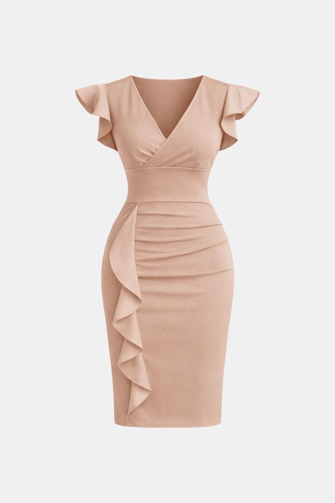 Elegant Cocktail Dress for Women with V-Neck Flutter Sleeve Ruched Waist Bodycon Mini Party Style