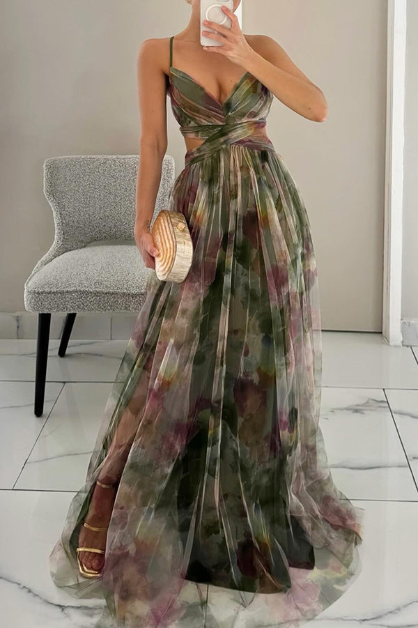 Elegant Floral Maxi Dress for Women with V Neck Sleeveless Formal Wedding Guest Style