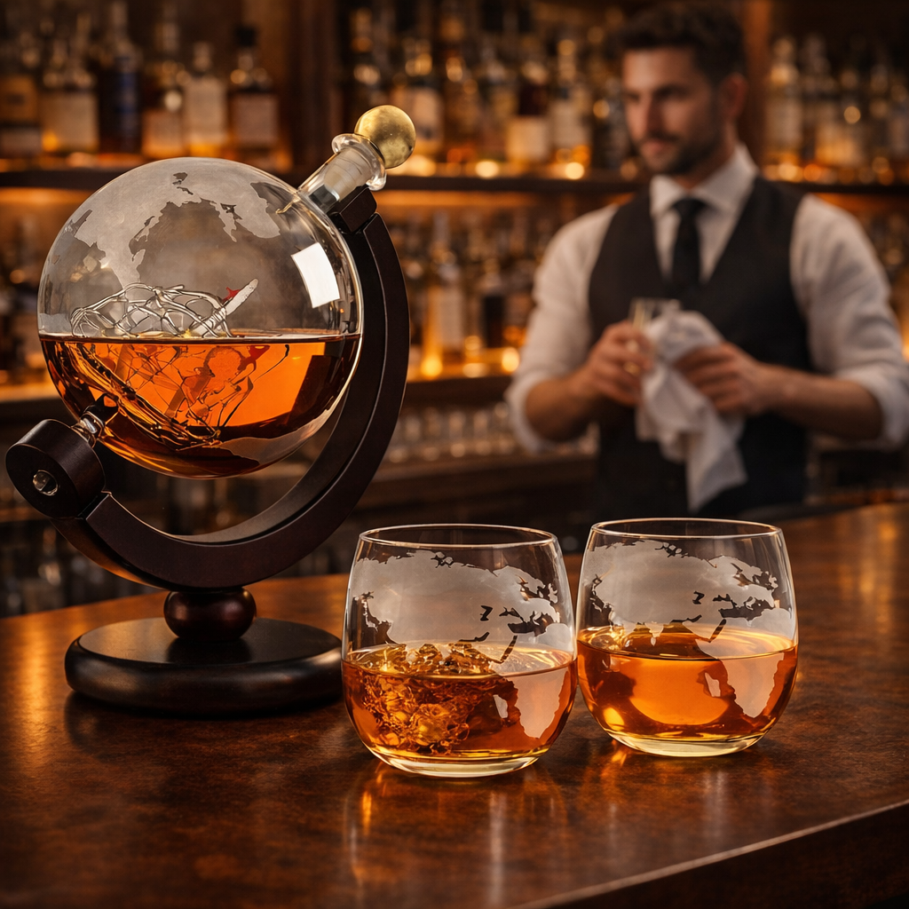 Stylish Whisky Decanter Bottle Gift Set with World Map Design