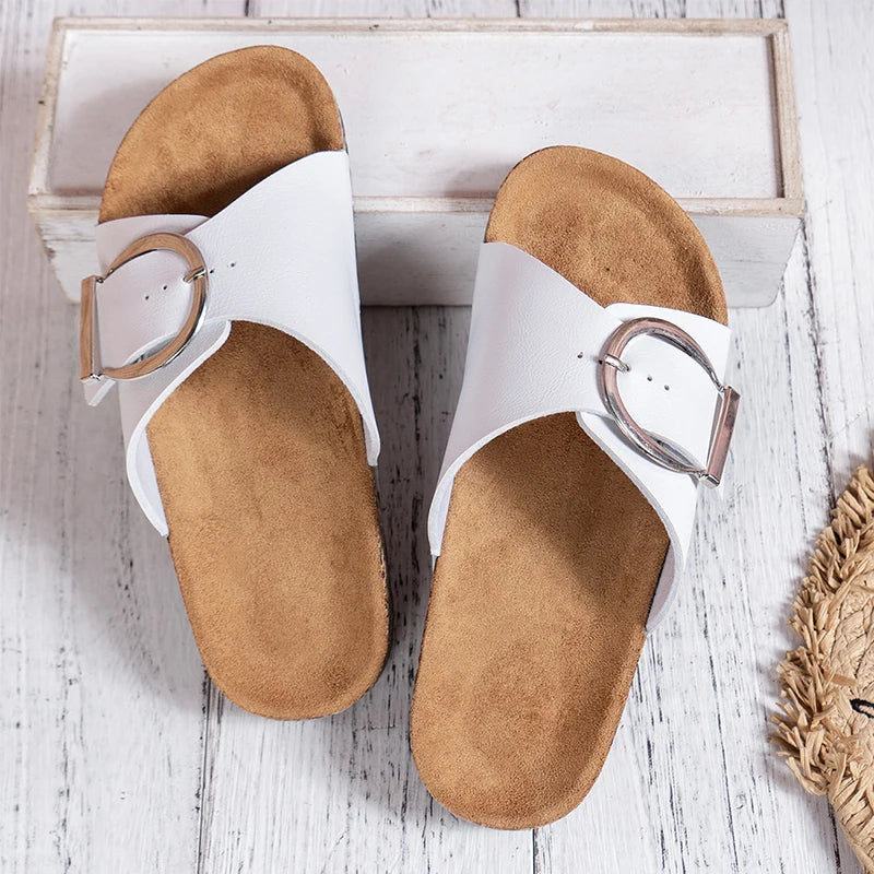 Comfortable Mules for Women with Open Toe Single Buckle Strap Cork Footbed Flat Slip On Leather Sandal Style