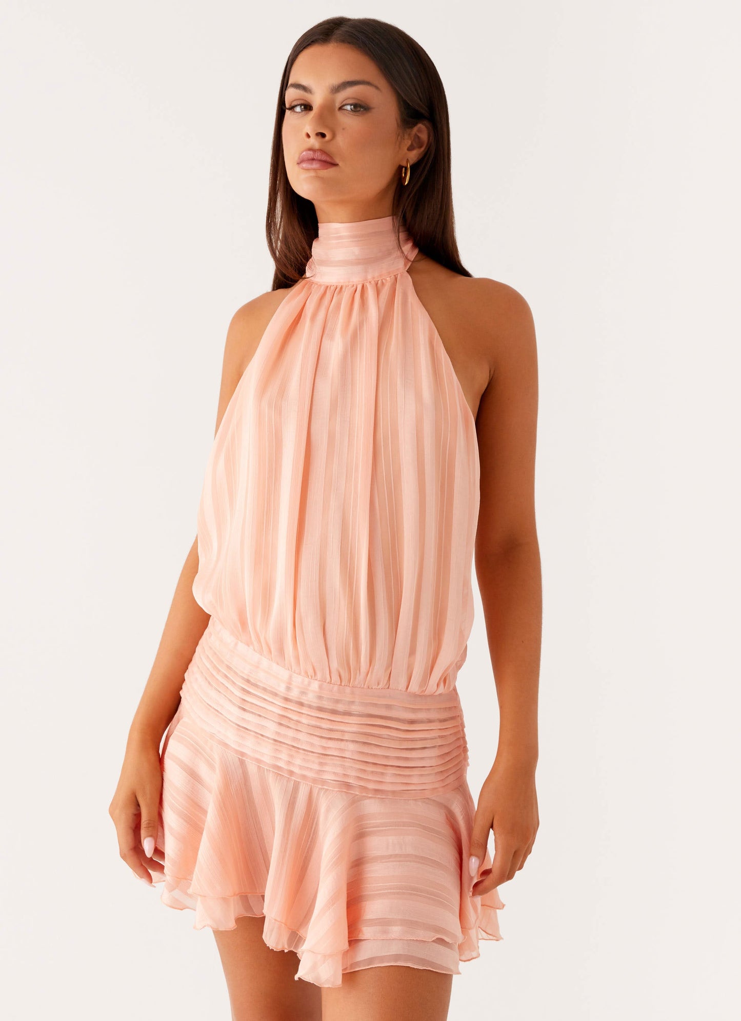 Elegant Dress for Women with Halter Neck Open Back Pleated Chiffon Ruffle Hem Cocktail Mini Style