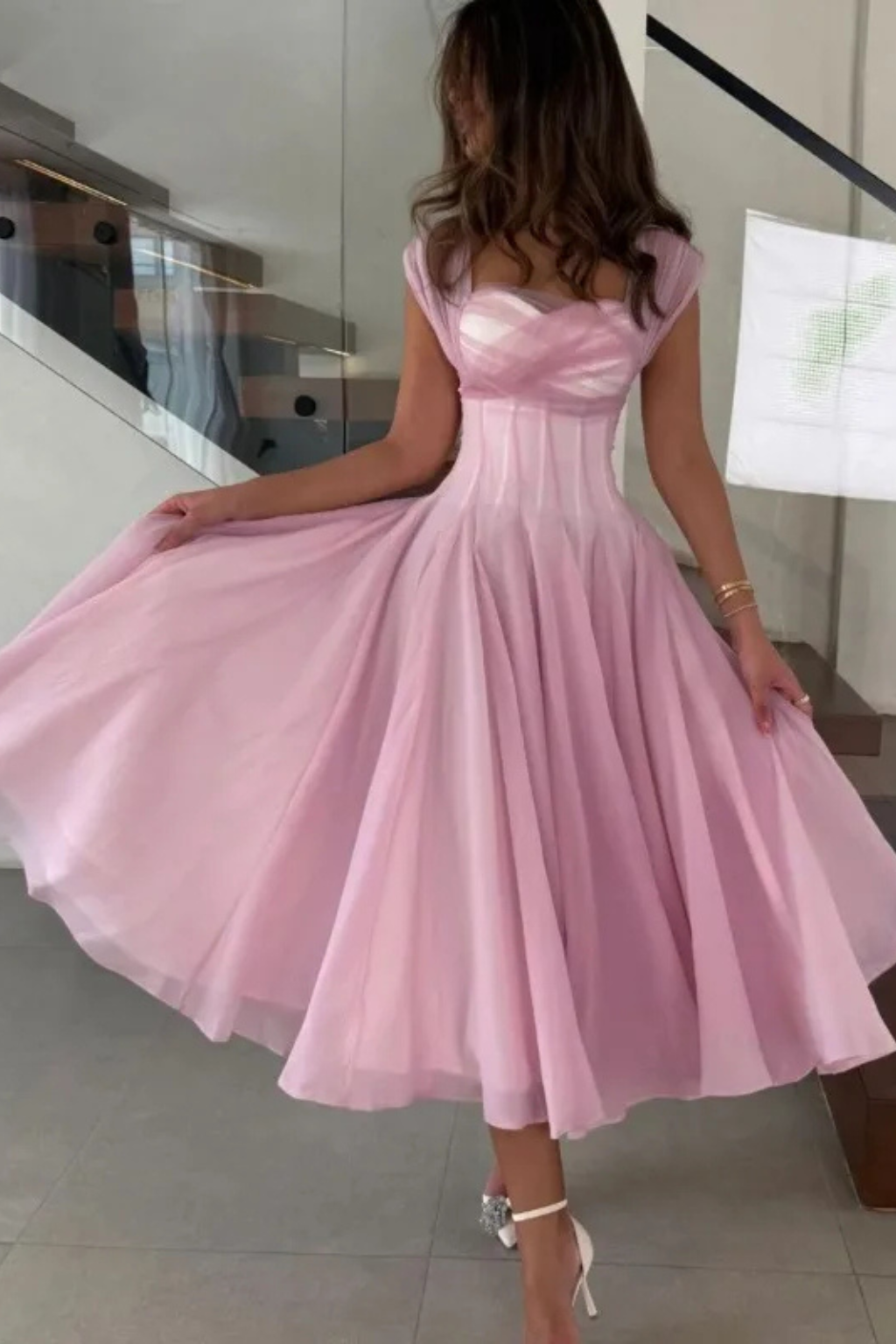 Elegant Formal Wedding Guest Dress for Women with Sweetheart Neck Tulle Corset Bodice Flared Midi Style