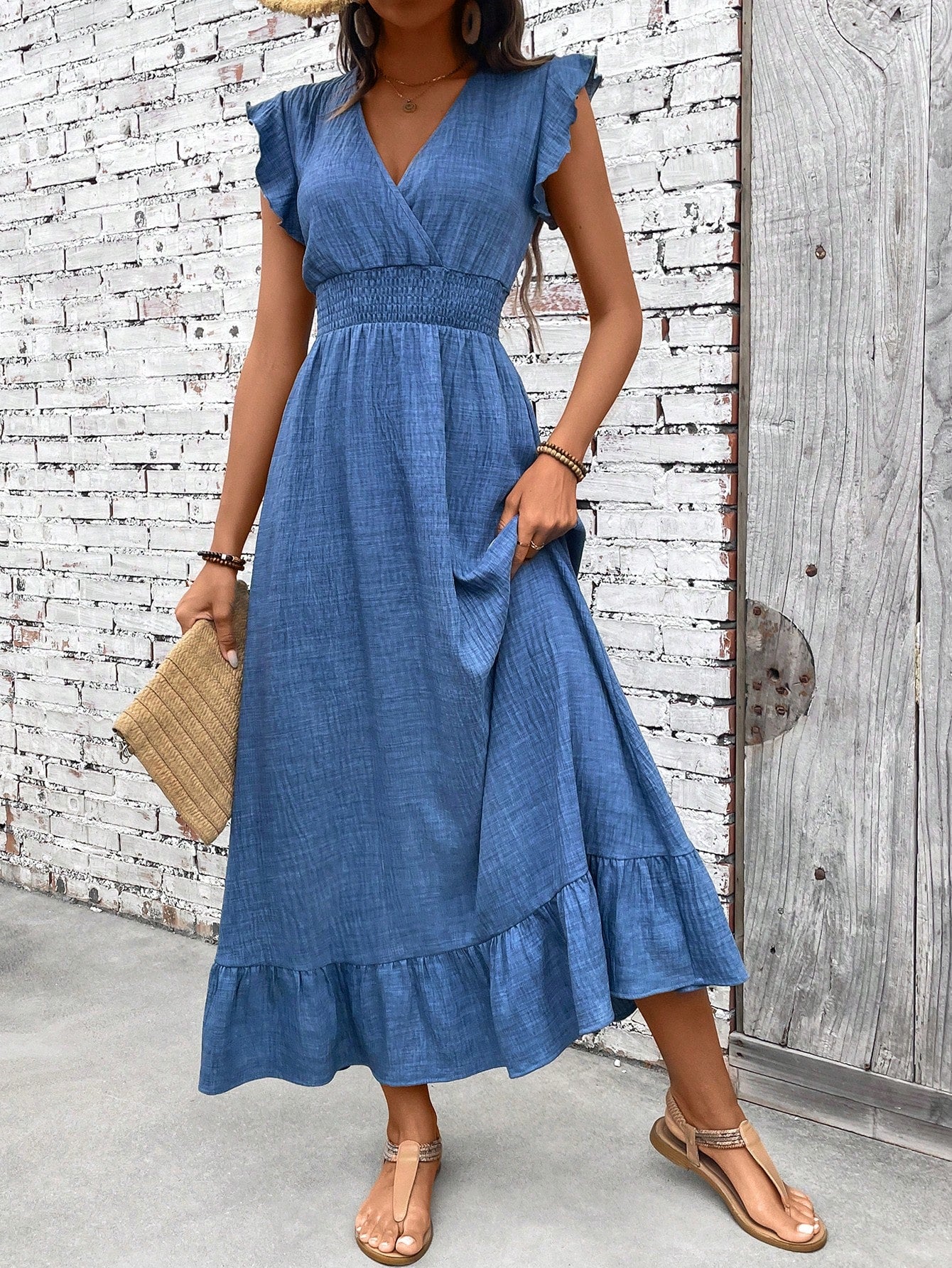 Effortless Sundress for Women with V-Neck Ruffle Sleeve Smocked Waist Linen Blend Casual Maxi Style