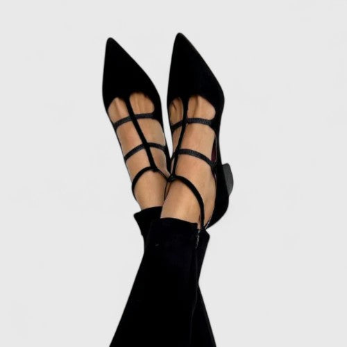 Comfortable Black Heels for Women with Lace Up Pointed Toe Style