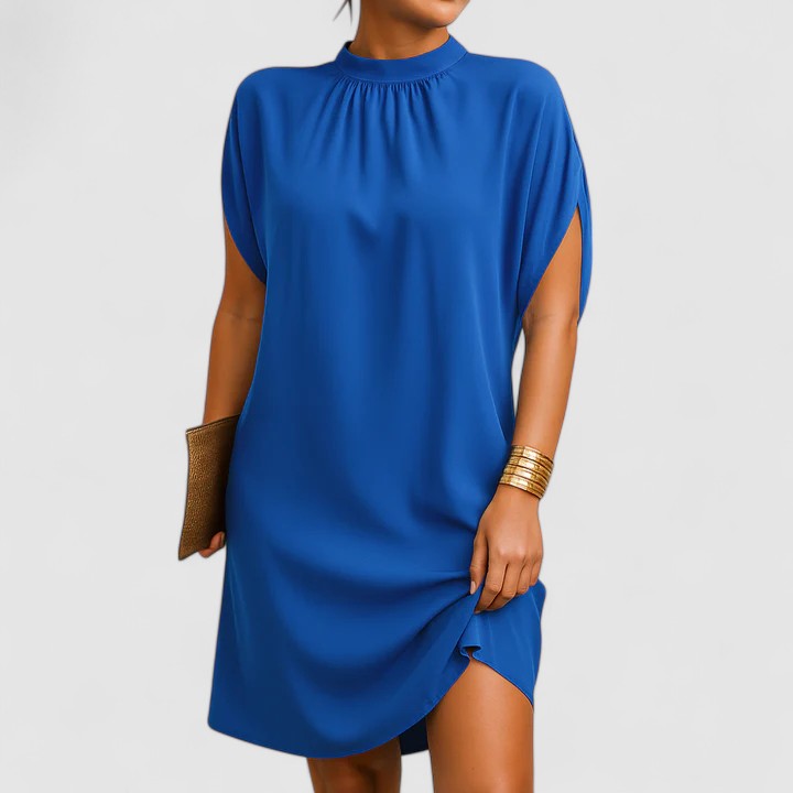 Effortless Gathered Mock Neck Casual Dresses for Women with Split Batwing Sleeve Relaxed Mini Style