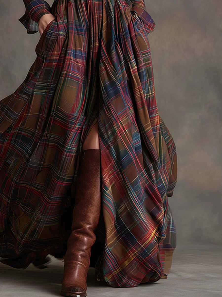 Effortless Plaid Shirt Dress Maxi Dresses for Women with Lapel Long Sleeve Belted Waist