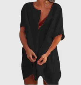 Effortless Linen Tunic for Women with V-Neck Short Sleeve Open Front Oversized Casual Style