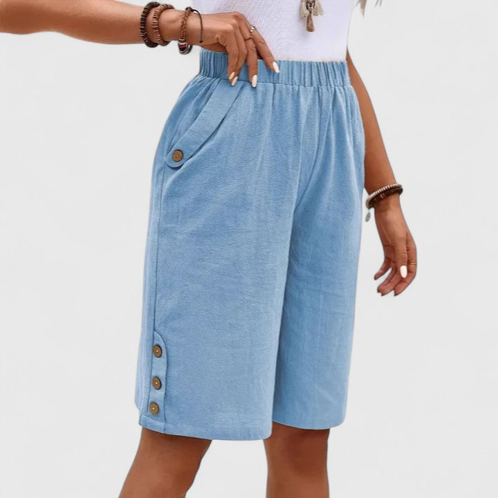 Effortless Linen Shorts for Women with High Waist Elastic Waistband Button Side Hem Casual Style