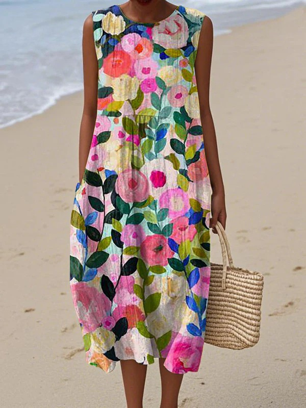 Elegant Floral Midi Dress for Women with Sleeveless Casual Style