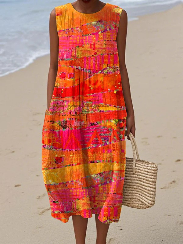 Stylish Patchwork Midi Dress for Women with Sleeveless Casual Style