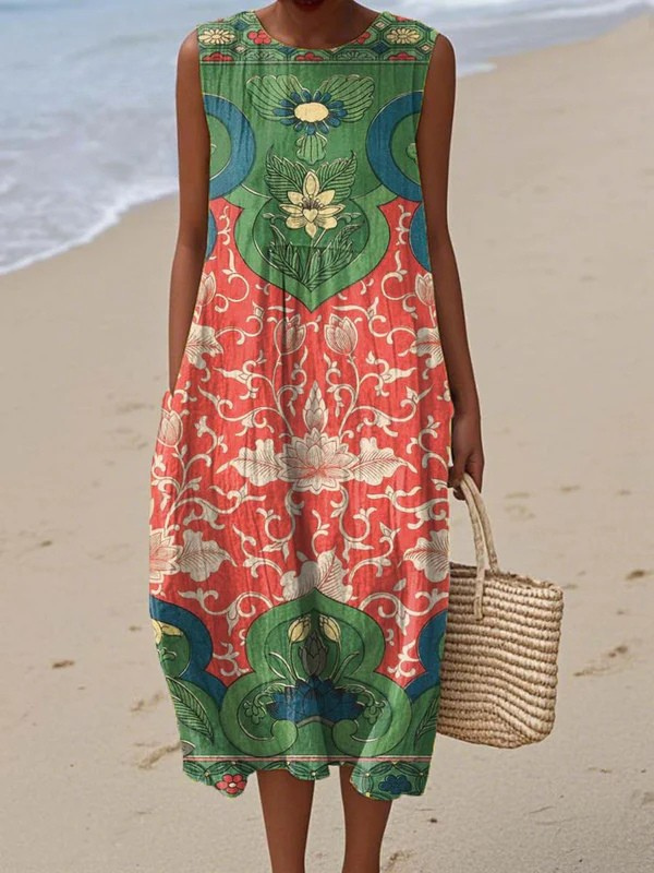 Effortless Floral Midi Dress for Women with Sleeveless Casual Style
