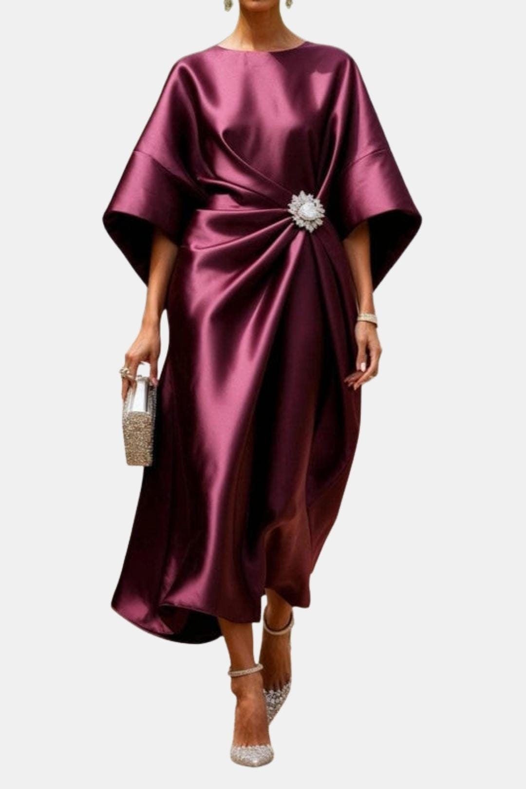 Elegant Satin Evening Dress for Women with Wide Sleeve Formal Wedding Guest Style