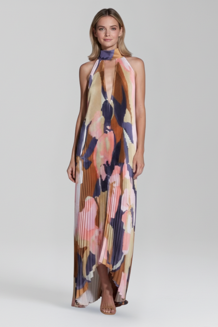 Effortless Floral Print Maxi Dresses for Women with Halter Neck Sleeveless Pleated Skirt Summer Style