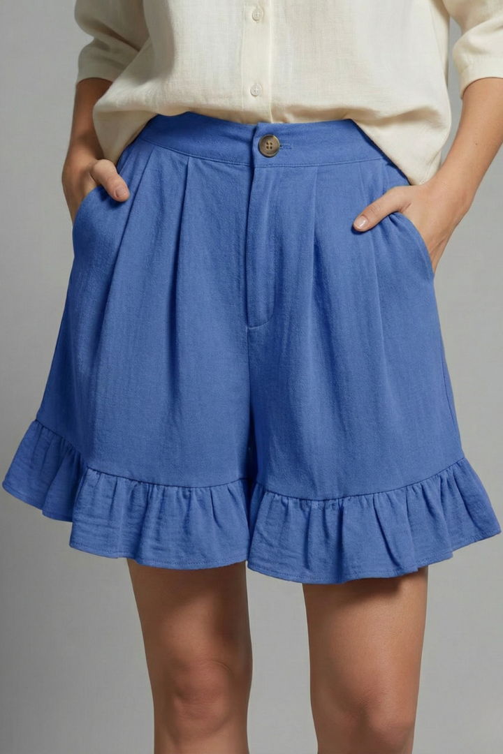 Elegant Ruffle Hem Shorts for Women with High Waist Button Front Pocket Casual Style