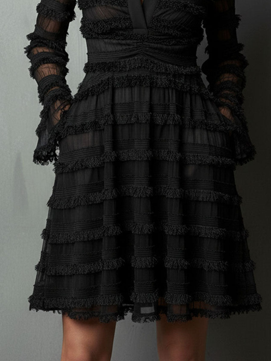 Elegant Black Mini Dress for Women with V Neck Long Sleeve Fringe Layered Sheer Cocktail Style