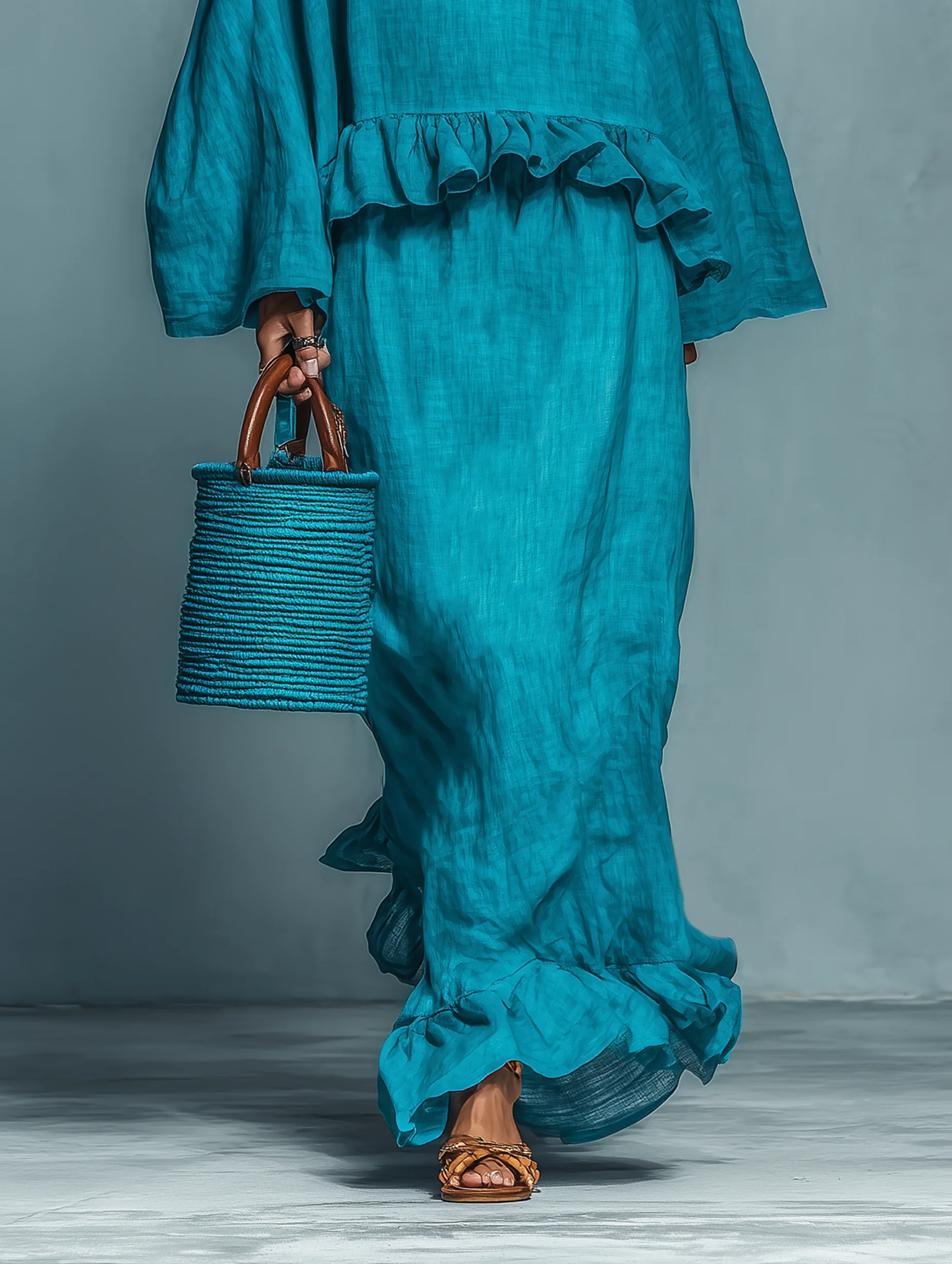 Effortless Two Piece Set for Women with Linen Ruffle Hem Blouse Long Sleeve Straight Midi Skirt Casual Style