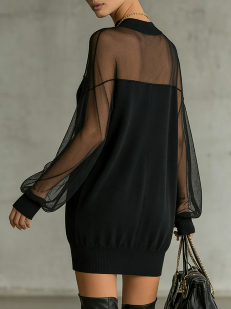 Elegant Black Mini Dress for Women with High Neck Sheer Mesh Sleeve Oversized Casual Style