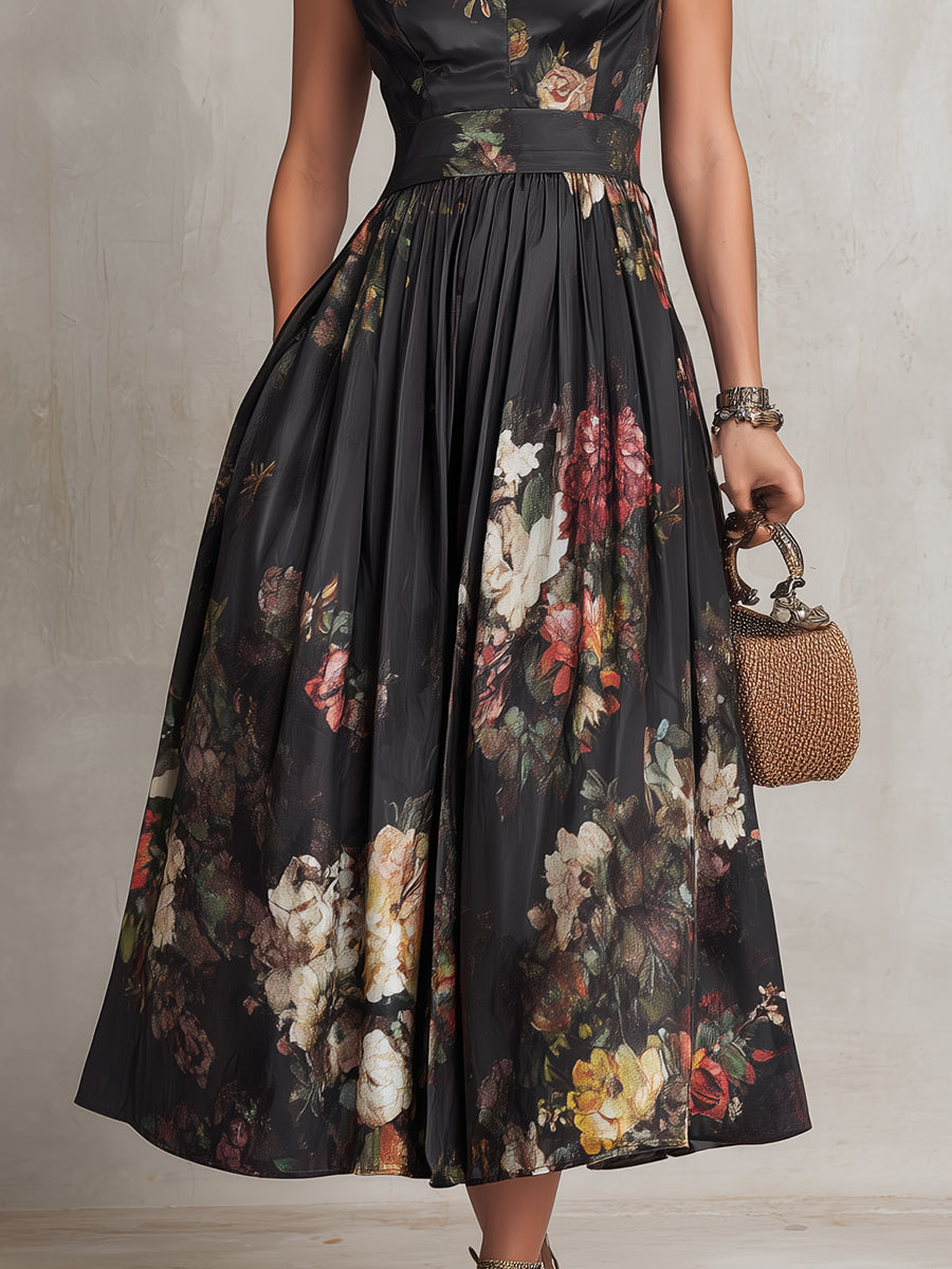 Elegant Black Floral Satin Midi Dress for Women with Keyhole Collar Pleated Skirt Semi Formal Style
