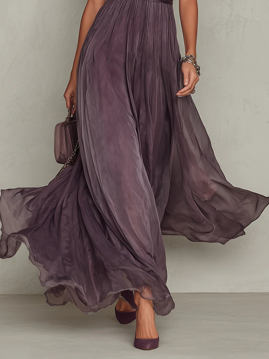 Elegant Purple Dress for Women with Keyhole High Neck Chiffon Lace Trim Maxi Dresses Formal Style