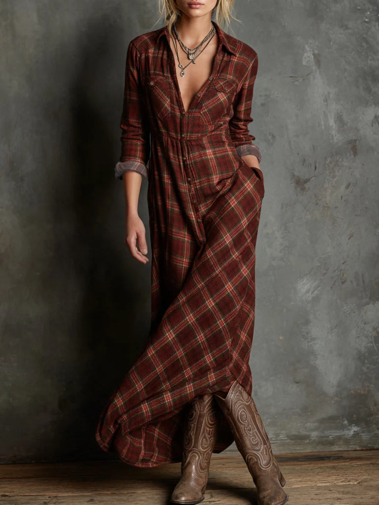Effortless Plaid Shirt Dress for Women with Lapel Button Down Long Sleeve Casual Maxi Style