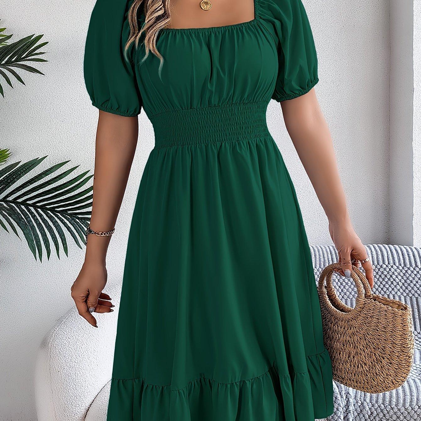 Elegant Evening Dress for Women with Square Neck Puff Sleeve A Line Formal Wedding Guest Style