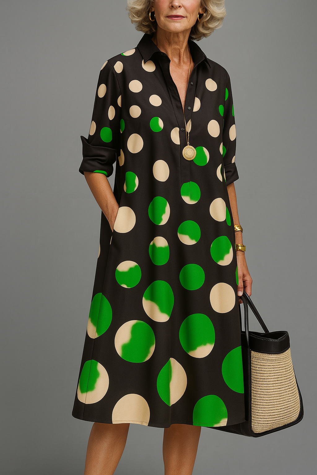 Effortless Black Polka Dot Midi Dress for Women