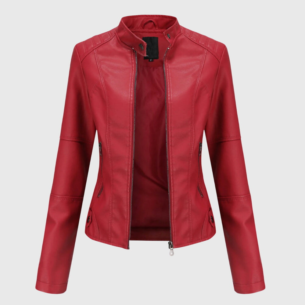 Elegant Leather Jacket for Women with Stand Collar Zip Front Fitted Style